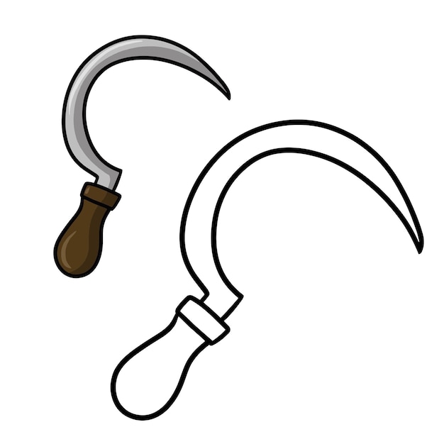 Premium vector a set of pictures for a coloring book metal sickle with wooden handle garden pruning tool vector