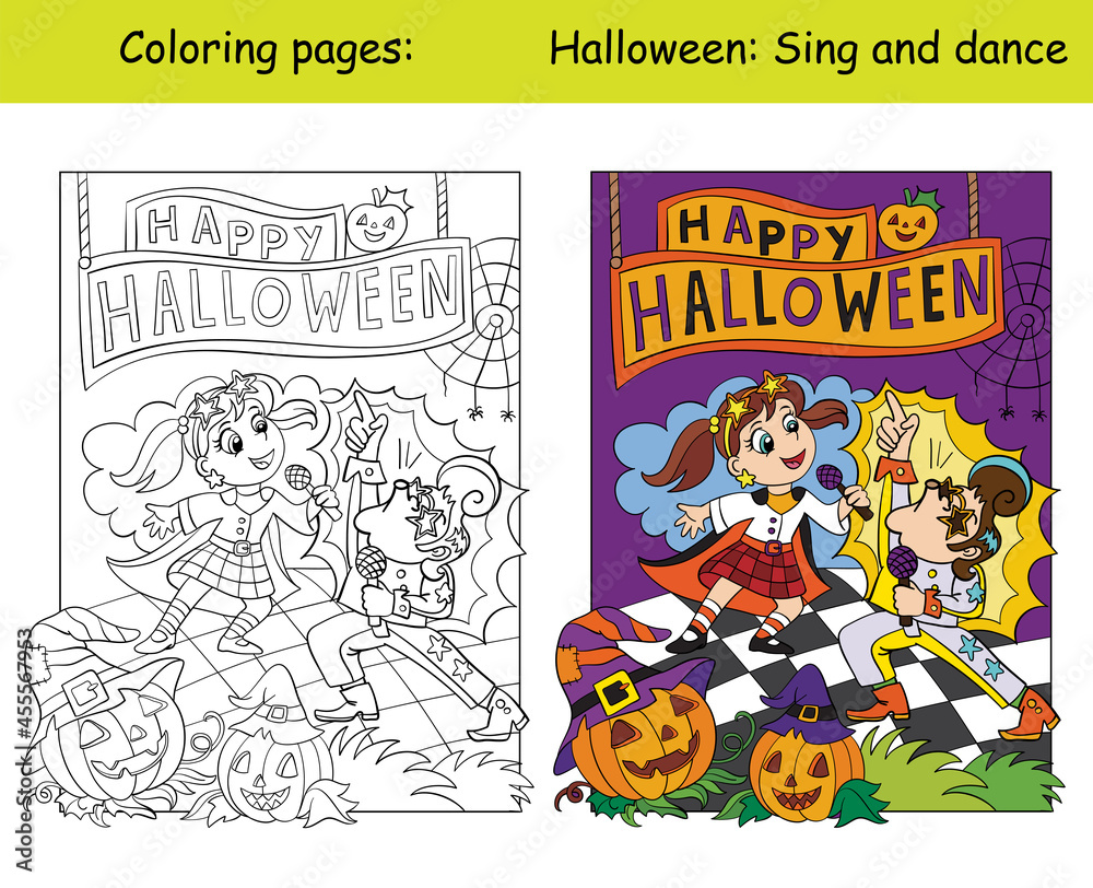 Coloring and colorful halloween children retro singers vector