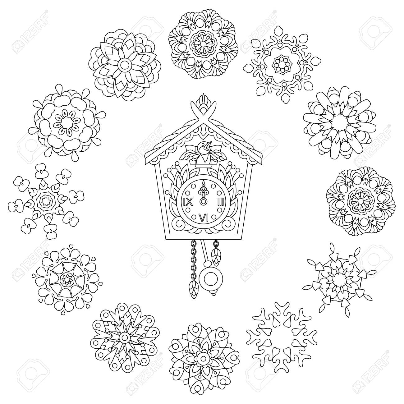 Christmas coloring page with old antique wall clock and cuckoo bird singing and vintage winter snowflakes vector illustration royalty free svg cliparts vectors and stock illustration image