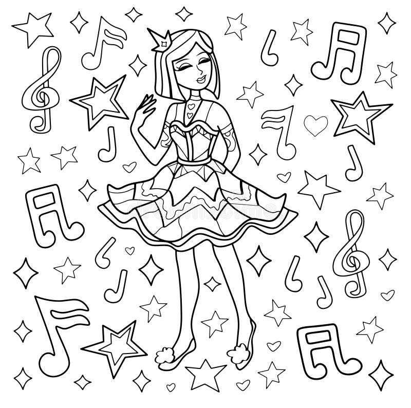 Coloring page for children and adults singer girl stock vector