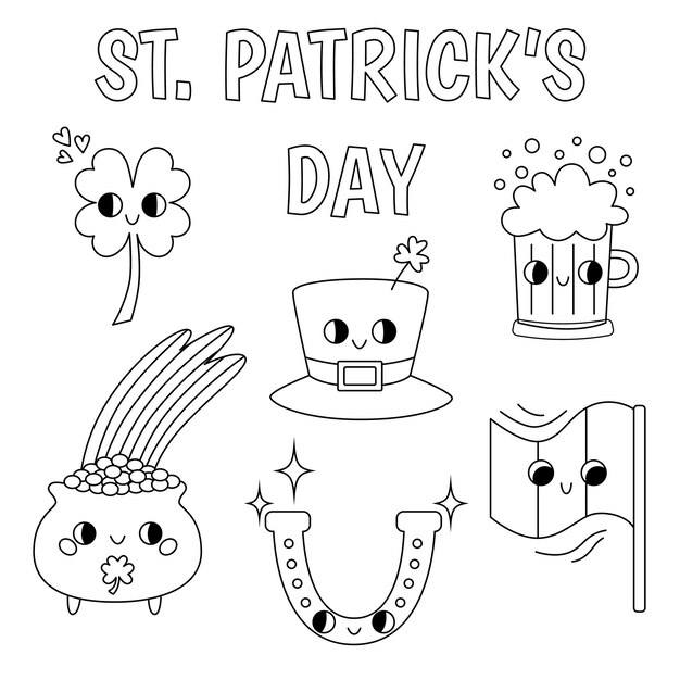 Premium vector hand drawn outline st patricks day set cute groovy retro clipart elements ireland coloring book s s s cartoon style