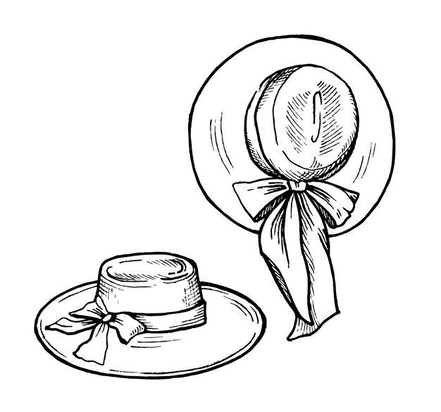 Premium vector hat with pains and a bow black and white graphics in the style of a sketch on the theme of summer