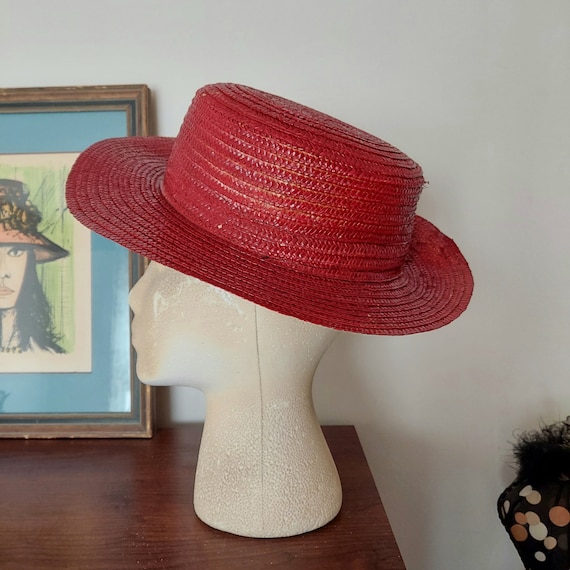 Buy red straw boater hat w narrow brim shabby chic sun hat beach ready vintage upcycled painted red small to medium online in india