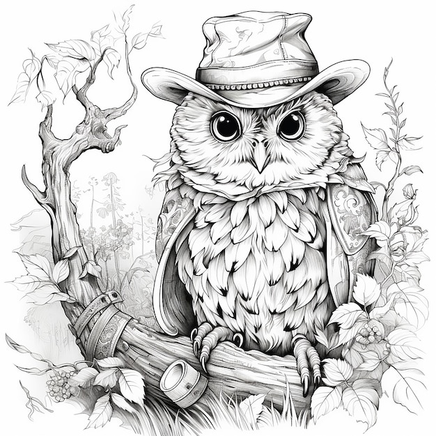 Premium ai image old wise and cute owl wearing a straw hat and having a gentle gaze in the forest color book
