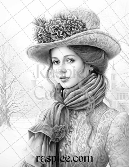 Victorian winter portrait grayscale coloring pages printable for ad â coloring