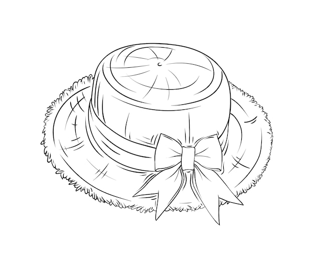 Premium vector black and white coloring book with a straw hat with a bow