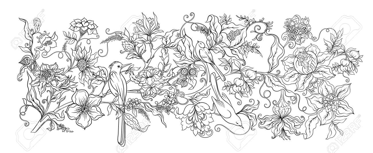 Fantasy flowers in retro vintage jacobean embroidery style coloring page for the adult coloring book outline vector illustration royalty free svg cliparts vectors and stock illustration image