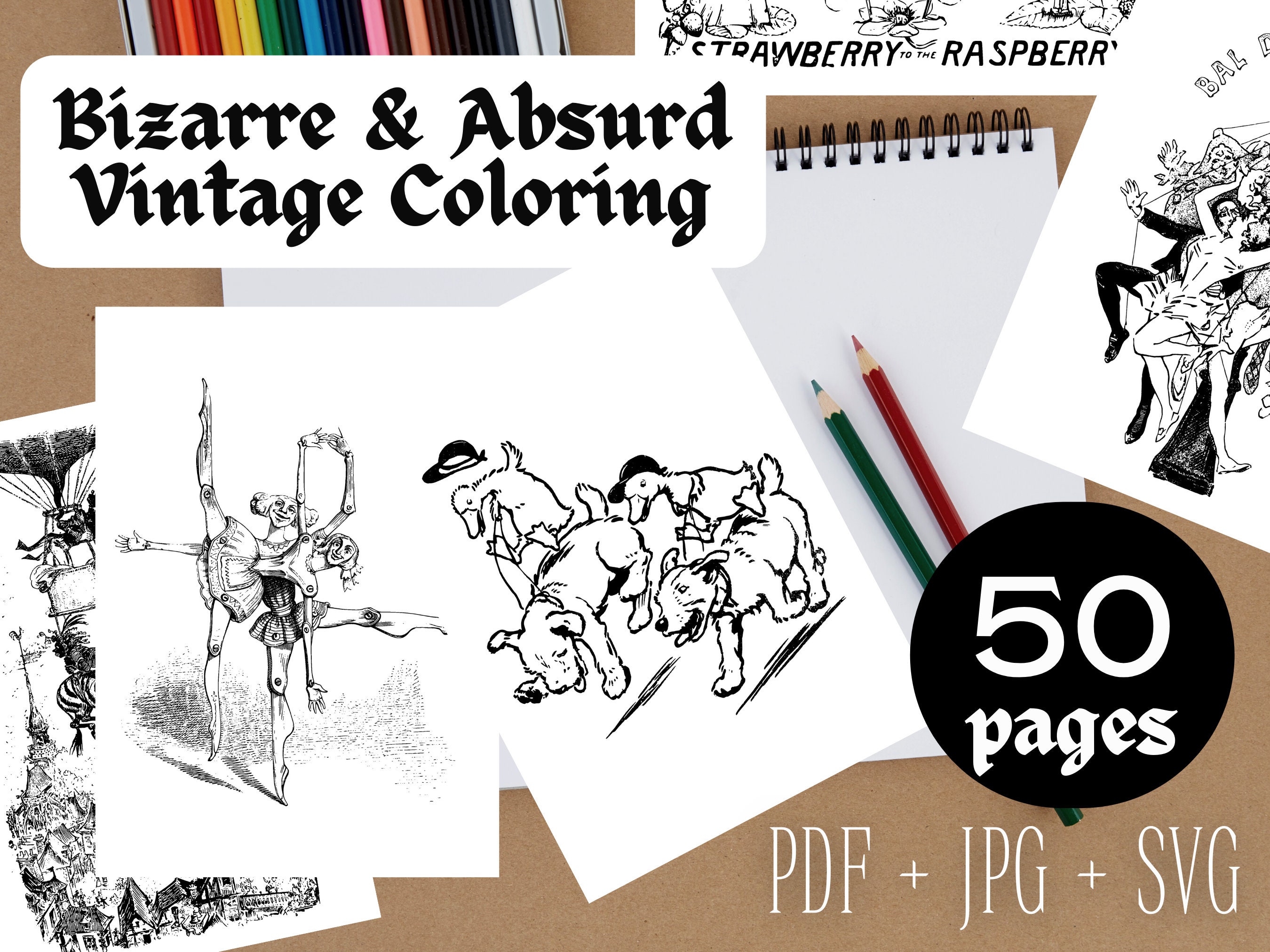 Bizarre absurd vintage coloring pages weird wall art print victorian cartoon funny sketches download print at home a svg pdf jpg book