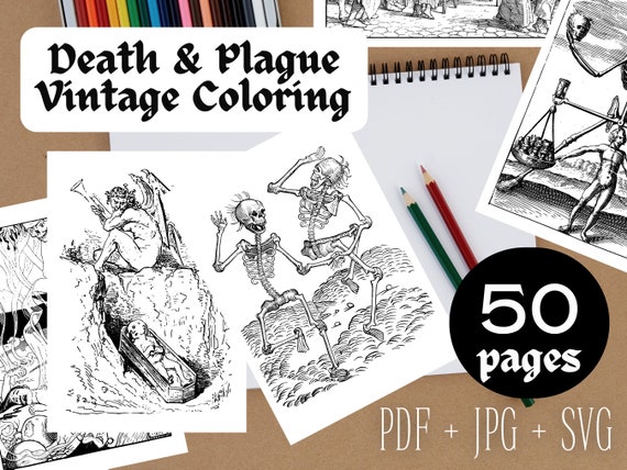 Death plague coloring pages vintage macabre illustrations printable bookmark halloween prints wall art dancing skeletons skull a pdf svg