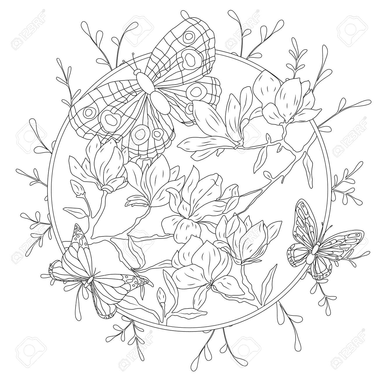Coloring book for adult and older children coloring page with decorative vintage flowers and decorative butterflies outline hand drawn royalty free svg cliparts vectors and stock illustration image