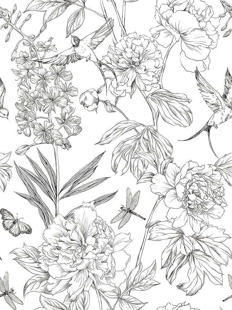 Vintage floral peel and stick wallpaper black and white swallowbutterflydragonfly contact paper removable waterproof wallpaper flowers decorative vinyl self adhesive wallpaper in x in