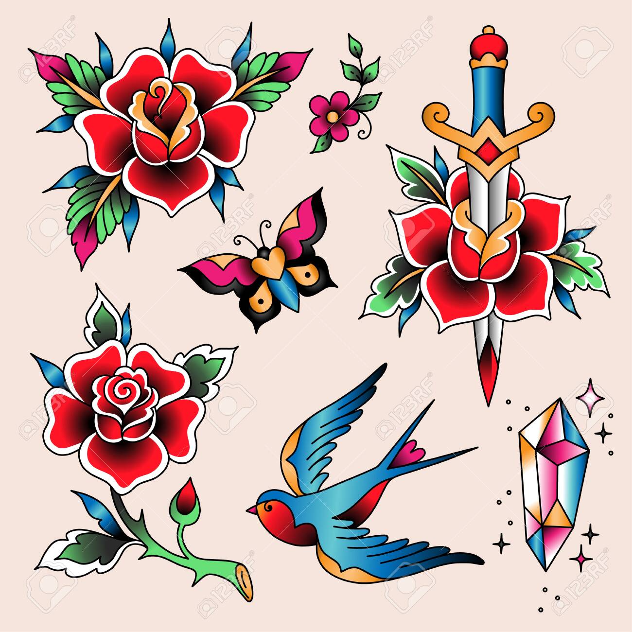 Set of color tattoos at traditional vintage style rose flowers and swallow bird royalty free svg cliparts vectors and stock illustration image