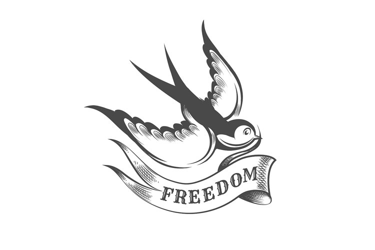 Swallow and ribbon with wording freedom engraving tattoo
