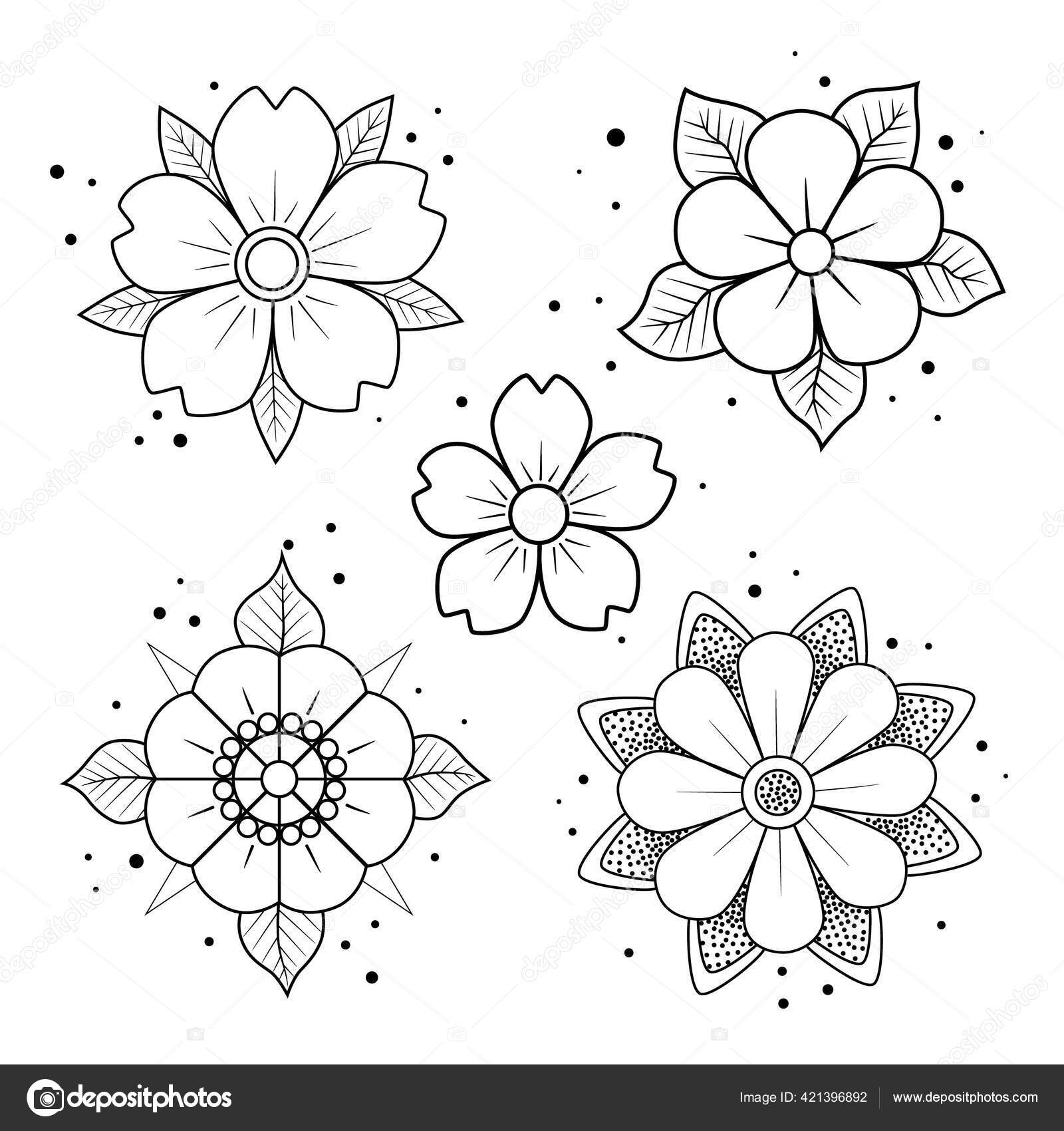 Old school tattoo flower set hand drawn black outline inflorescence stock vector by ainaliora