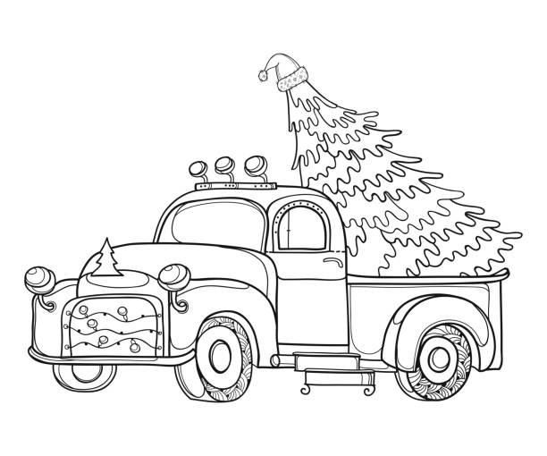 Vector drawing of outline vintage old pickup truck with christmas tree and garland in black isolated on white background stock illustration