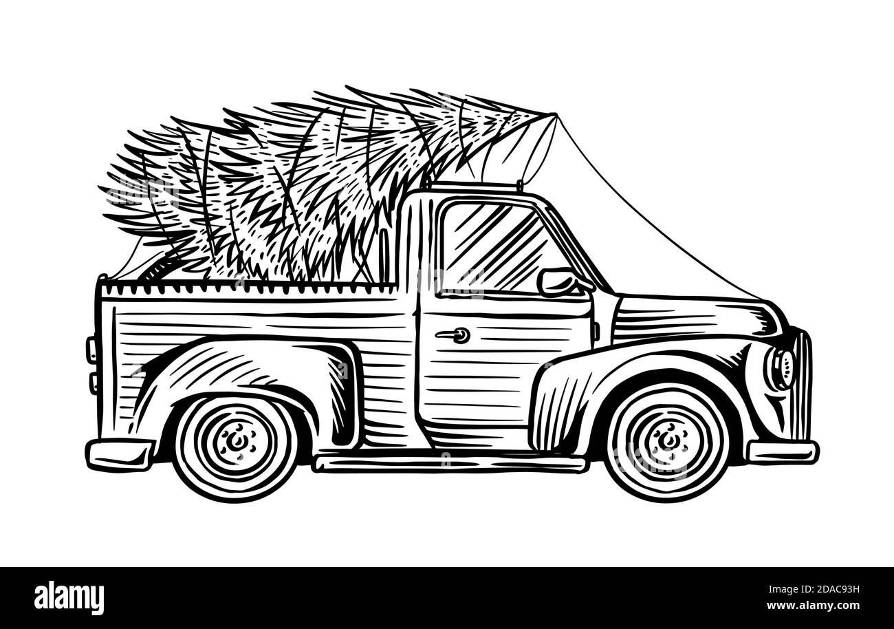 Red truck christmas tree black and white stock photos images
