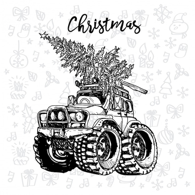 Premium vector christmas car vintage sketch with a christmas tree