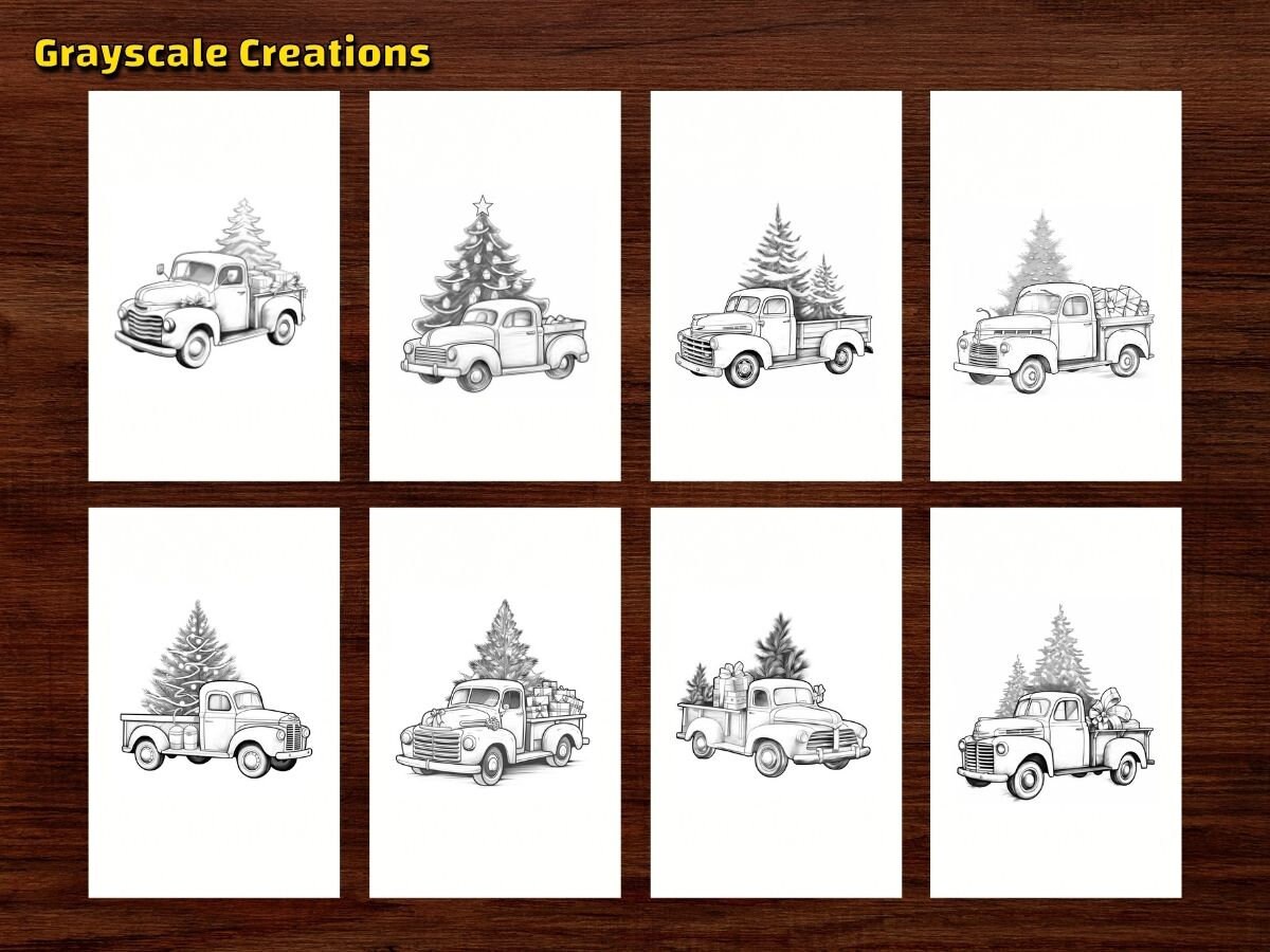 Christmas old truck coloring page book snow tree vehicle winter festive holiday printable pdf sheets grayscale coloring adults kid instant download