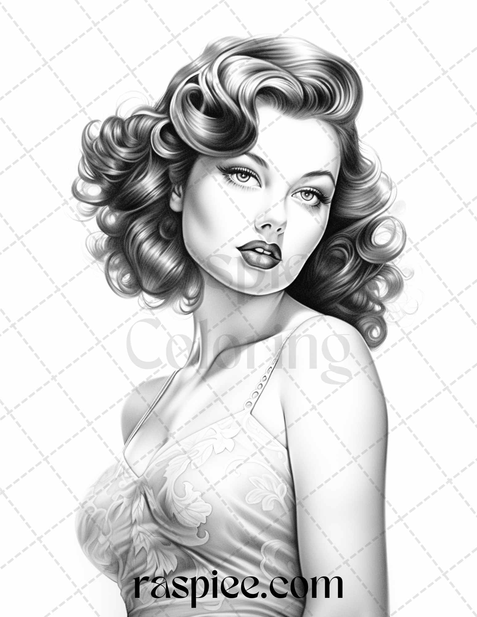 Vintage pin up girls grayscale coloring pages printable for adults â coloring