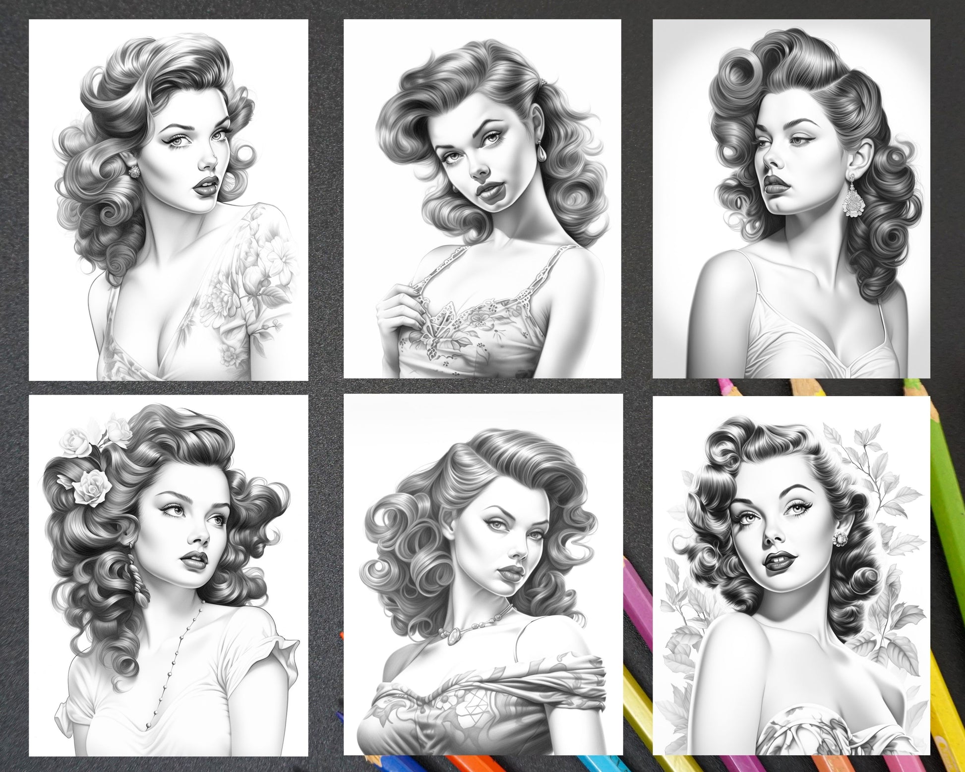 Vintage pin up girls grayscale coloring pages printable for adults