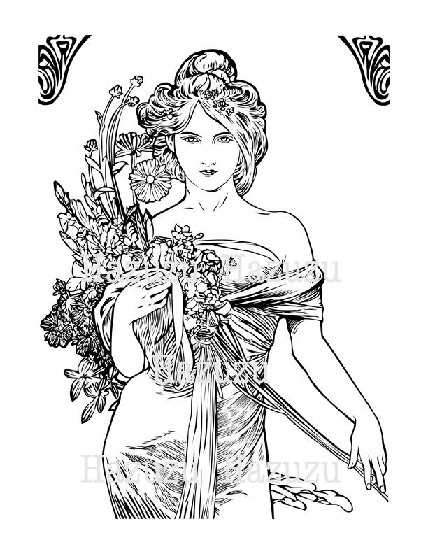 Mucha png art nouveau vintage woman overlay card instant download coloring book mixed media collage journal scrapbooking