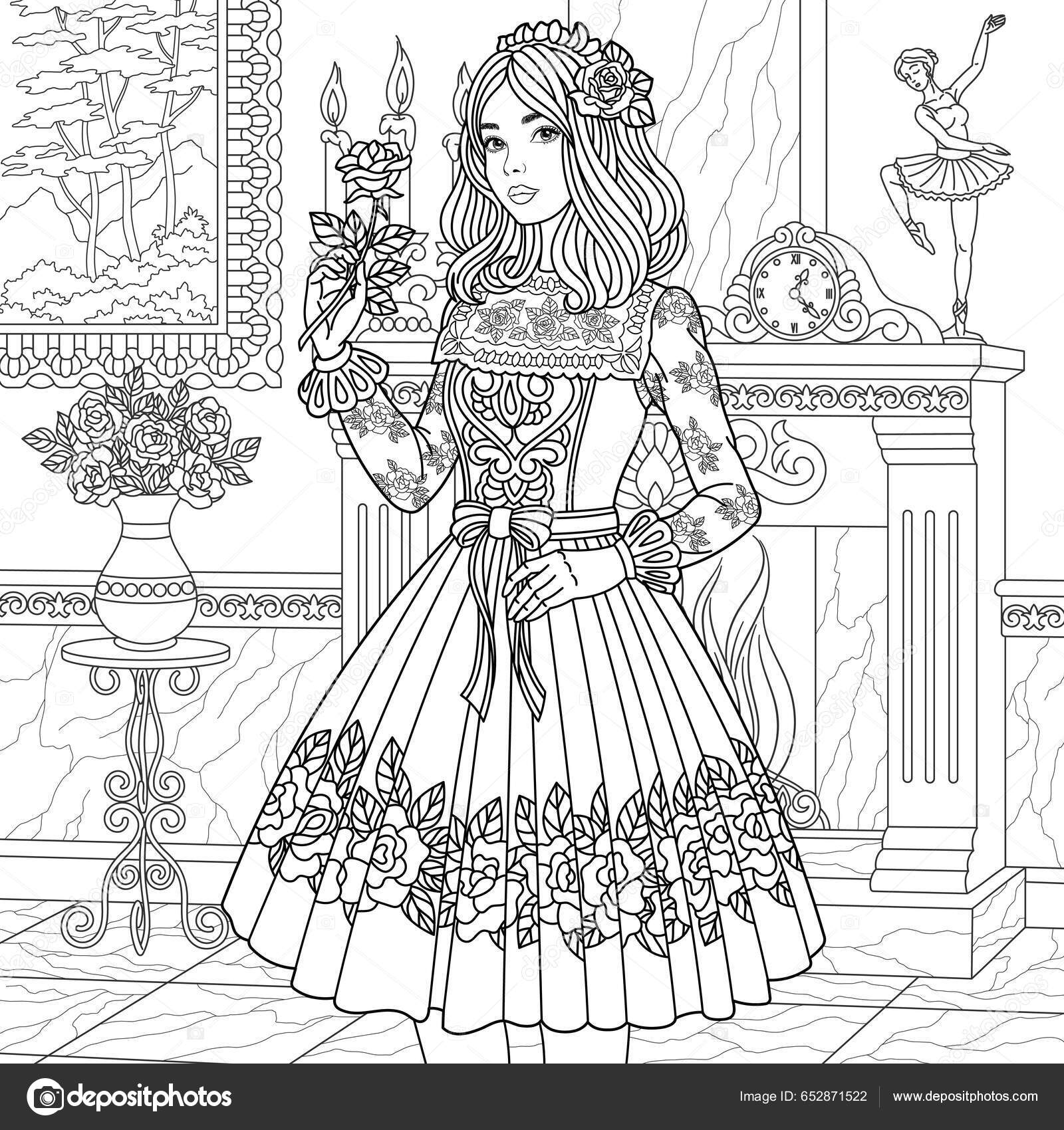Beautiful girl boho vintage dress adult coloring book page mandala stock vector by sybirko