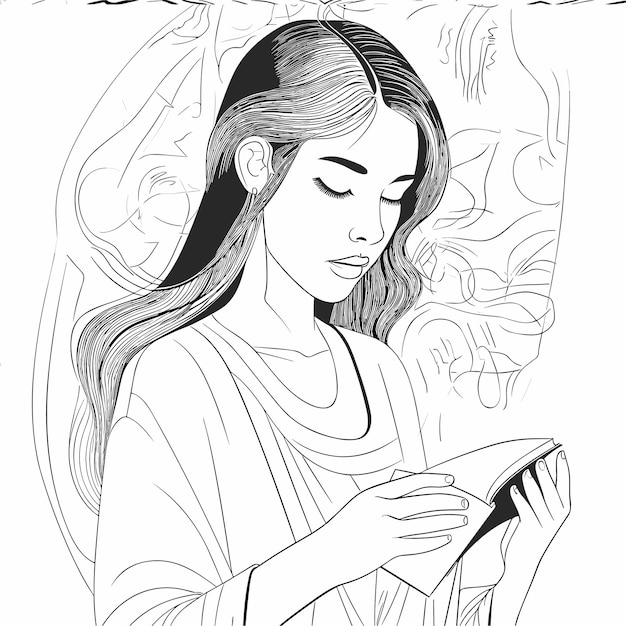 Premium vector illustartion coloring book page woman study clean