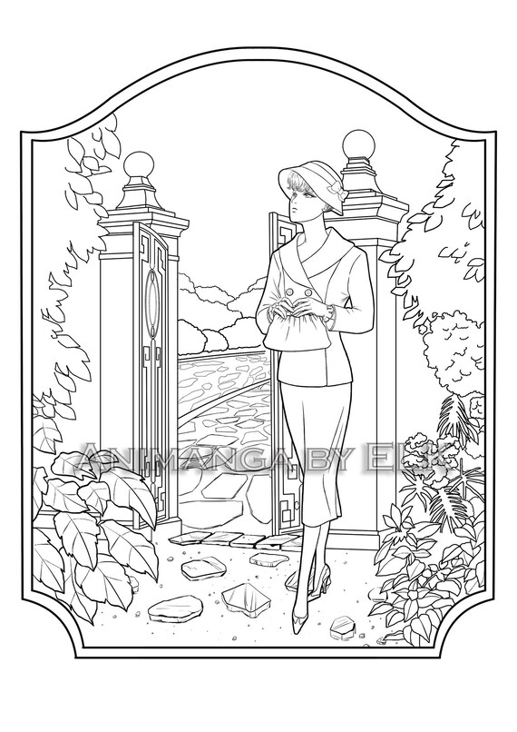 Printable coloring page vintage woman on garden manga style