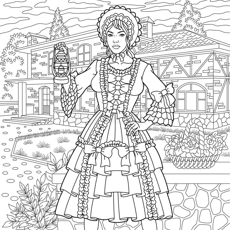 Vintage woman coloring book page stock vector