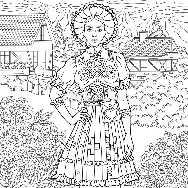 Vintage woman coloring book page stock vector