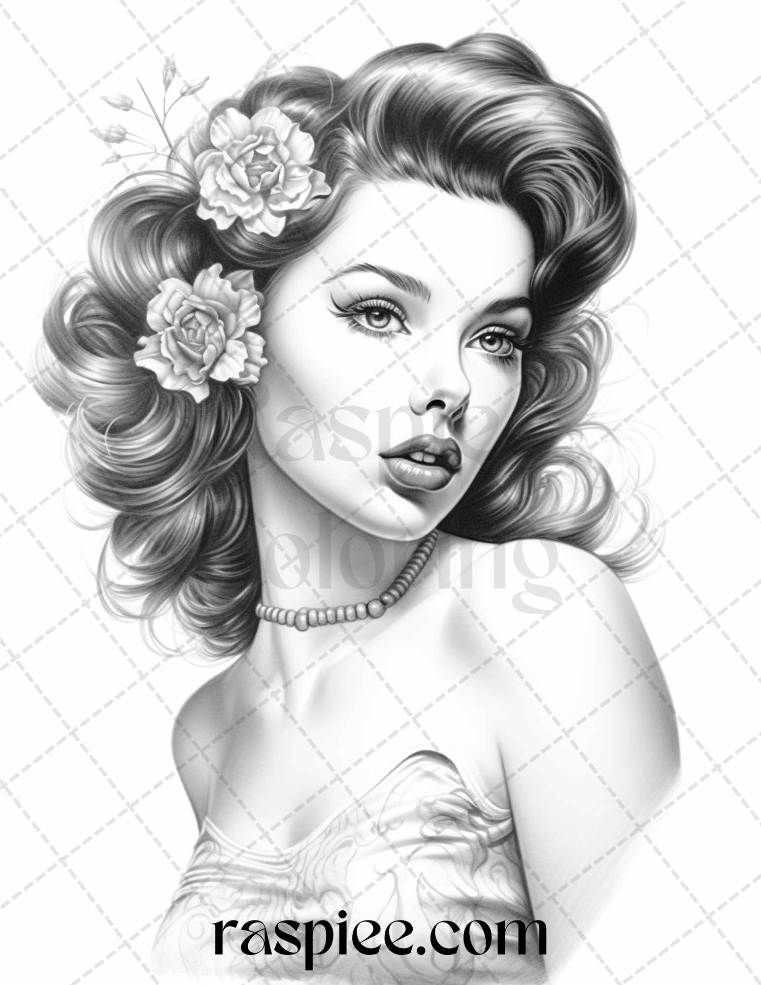 Vintage pin up girls grayscale coloring pages printable for adults â coloring