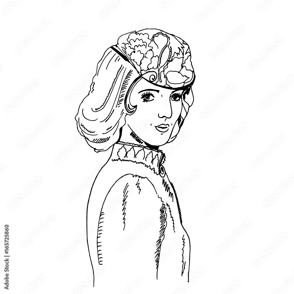 Portrait of an imaginary pretty woman with long bed hair and hat with decor hand drawn graphics illustration vintage style for posters coloring pages clothes prints postcards vector