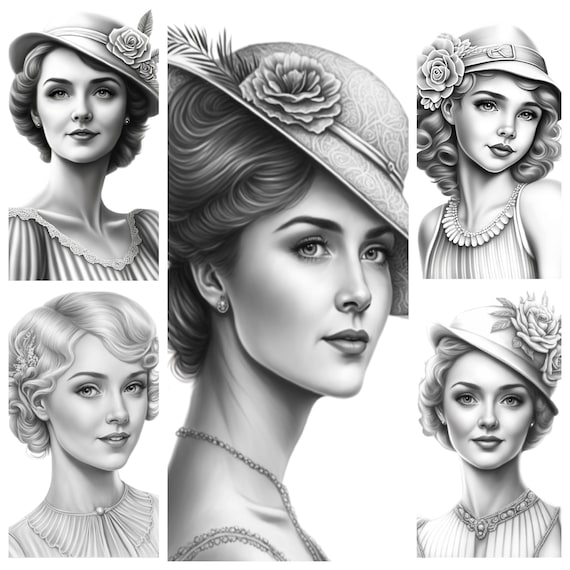 Gatsby girls coloring page for adults beautiful vintage girls coloring pages vintage girl coloring sheets gift for woman mom girl