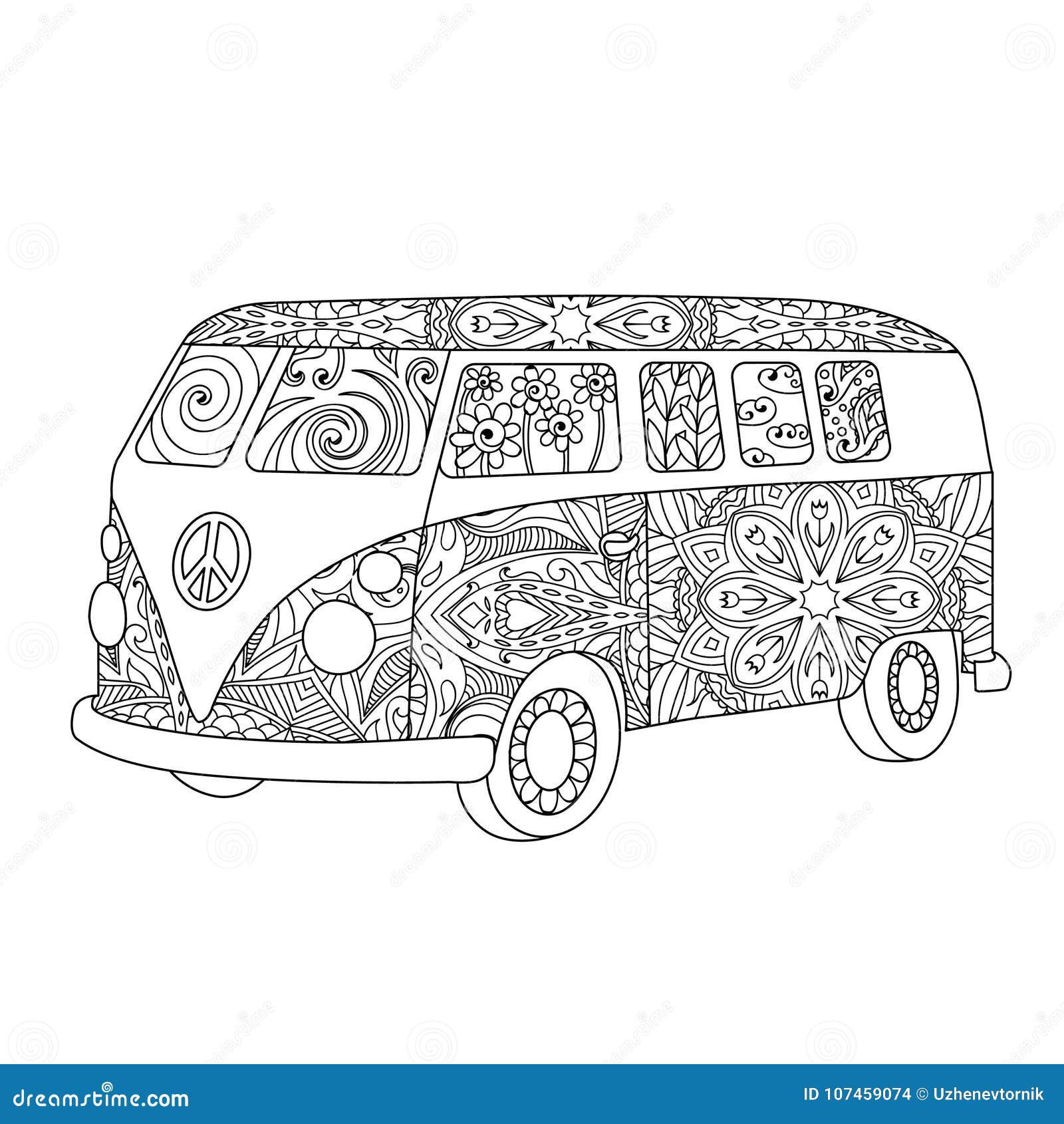 Hippie vintage bus for adult or children coloring book stock vector