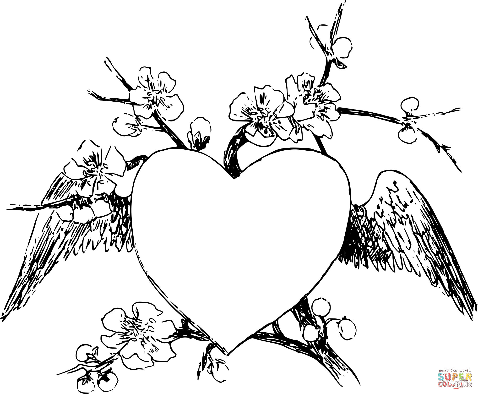Vintage winged heart frame coloring page free printable coloring pages