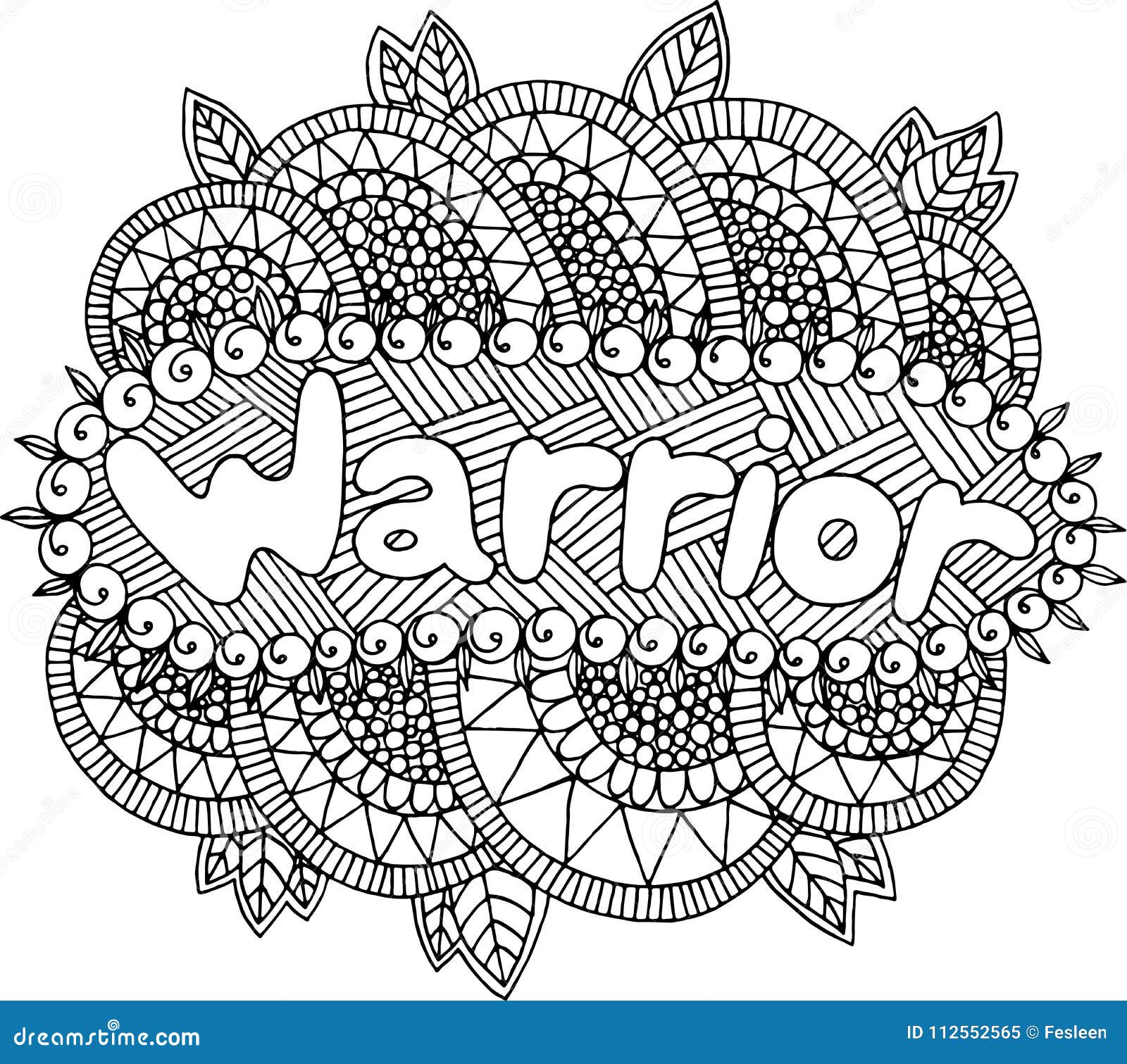 Coloring page for adults with mandala and warrior word doodle l stock vector
