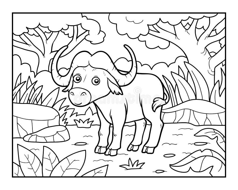 Coloring book buffalo in the african savannah stock vector