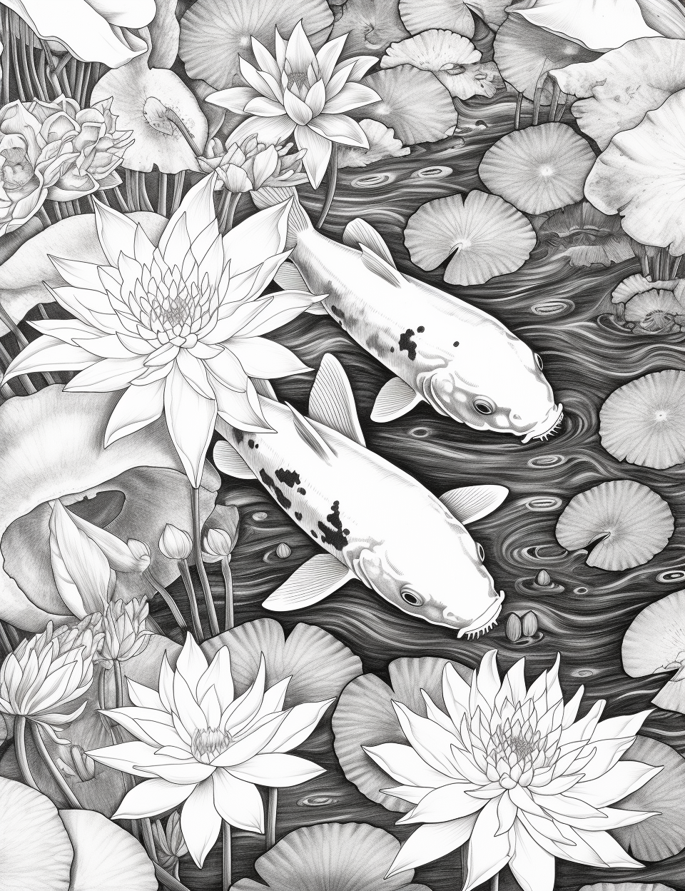 Tranquil koi pond grayscale adult coloring pages printable pdf ins â coloring