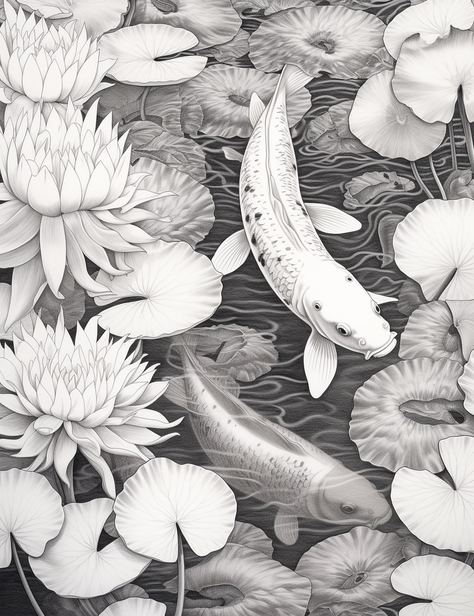 Tranquil koi pond grayscale adult coloring pages printable pdf ins â coloring