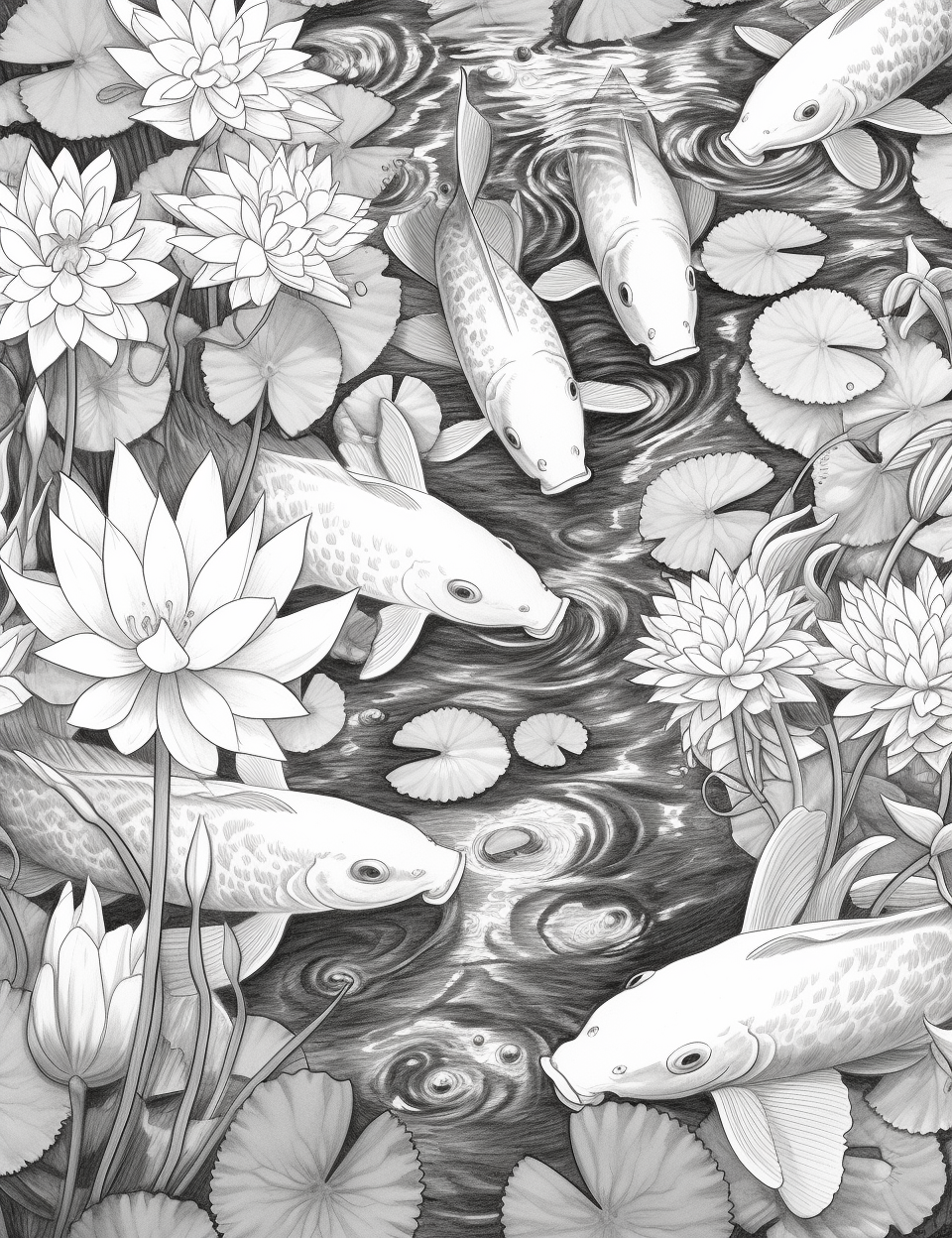 Tranquil koi pond grayscale adult coloring pages printable pdf ins â coloring