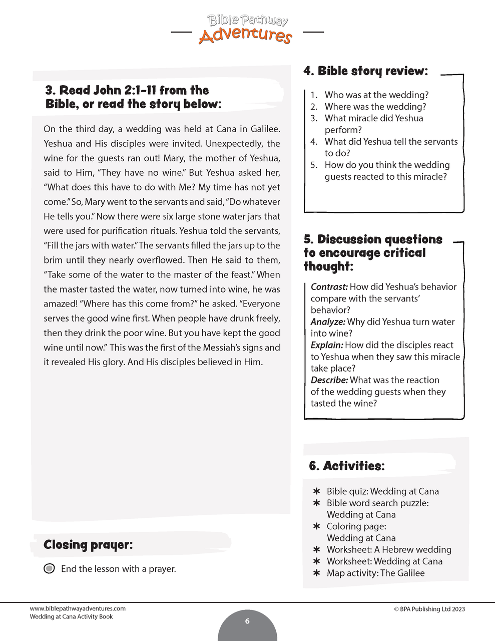 Miracles of the bible wedding at cana activity book