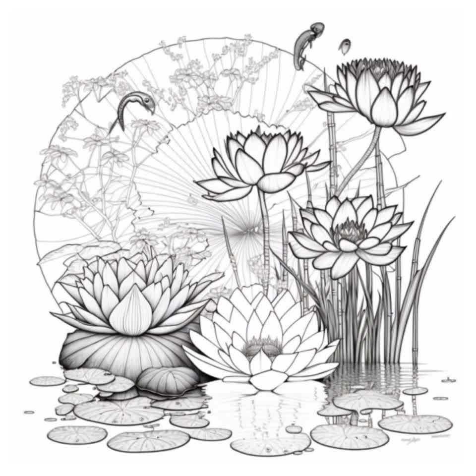 Water lily art coloring pages for adults instant download instant download