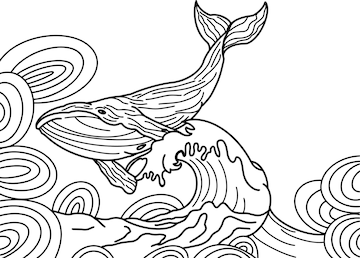 Premium vector hand drawn blue whale vector round illustration big wave and sea fish in vintage style outdoor act