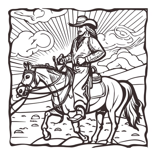 Premium vector rodeo western vintage cowboy hand drawn artwork cowboy coloring page vector