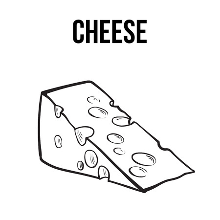 Hand drawn piece of swiss cheese sketch style vector illustration isolated on white background realistic hand drawing of an triangle chunk of fresh cheese with big holes