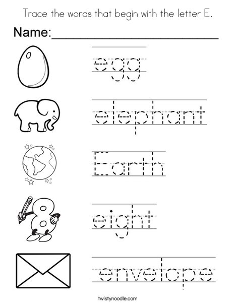Trace the words that begin with the letter e coloring page