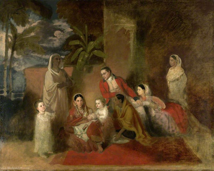 Paintings reproductions major william palmer with his second wife the mughal princess bibi faiz bakhsh by johann zoffany