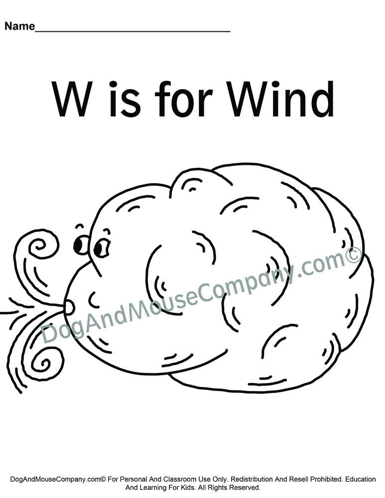 W is for wind coloring page learn your abcs worksheet printable d â dog and mouse pany