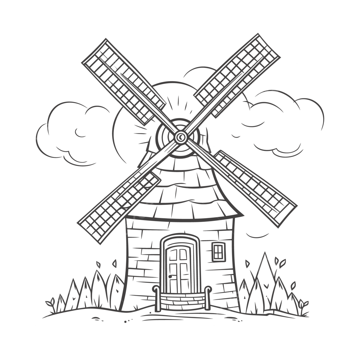 Coloring page with a windmill in the background outline sketch drawing vector wing drawing wind drawing ring drawing png and vector with transparent background for free download