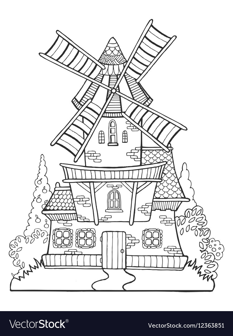 Windmill drawing coloring book for adults vector image